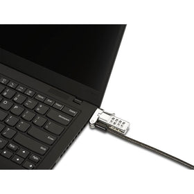Kensington lock attached to docking station showing secure workstation benefit