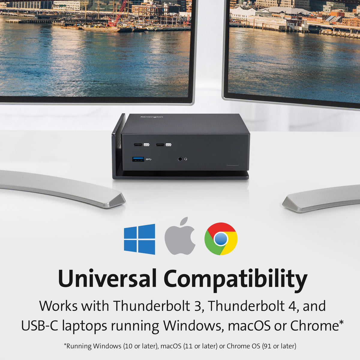 Kensington K37010NA top view shows dual 4K support via HDMI and TB3.