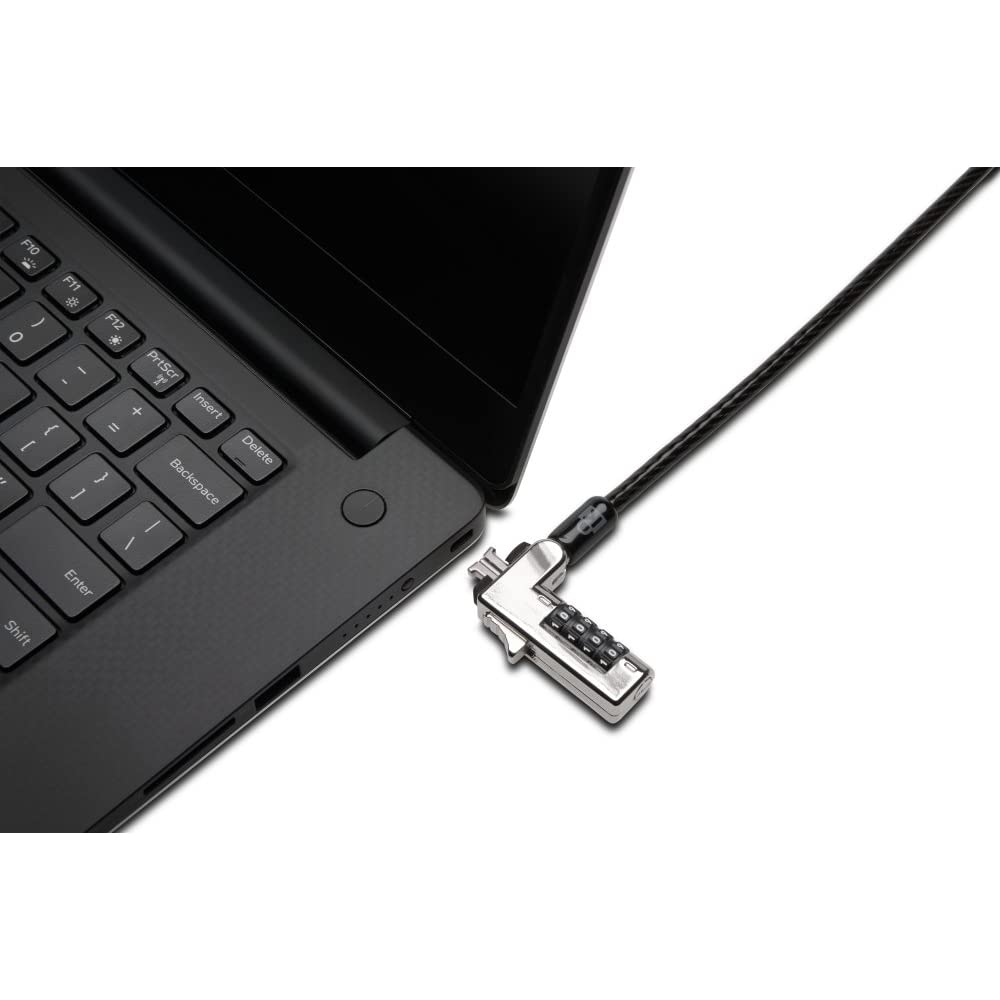 Laptop anchored to desk with Kensington cable showing stability and theft deterrence