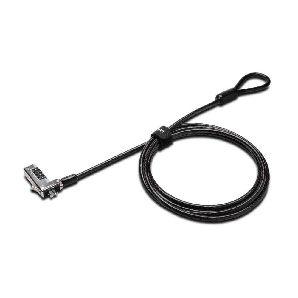 Kensington lock attached to laptop showing secure front connection and sleek profile