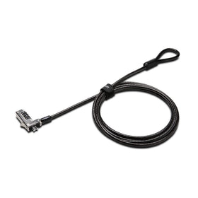 Kensington lock attached to laptop showing secure front connection and sleek profile