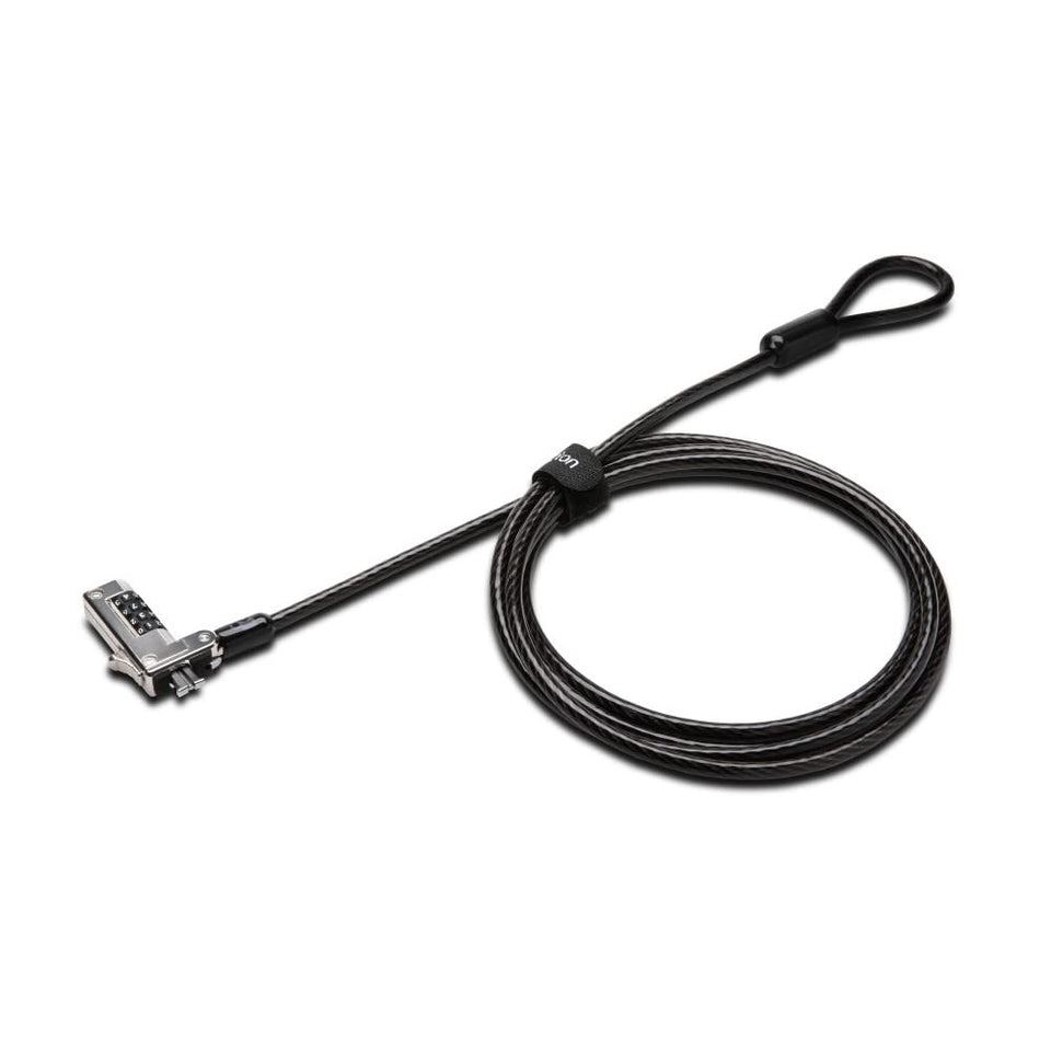 Kensington lock attached to laptop showing secure front connection and sleek profile