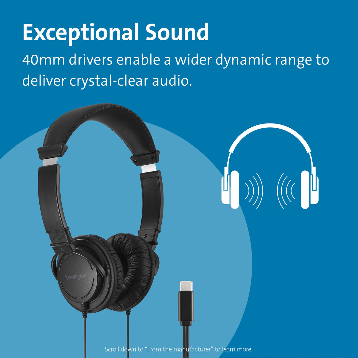 Kensington USB-C Hi-Fi Headphones with adjustable headband for all ages.