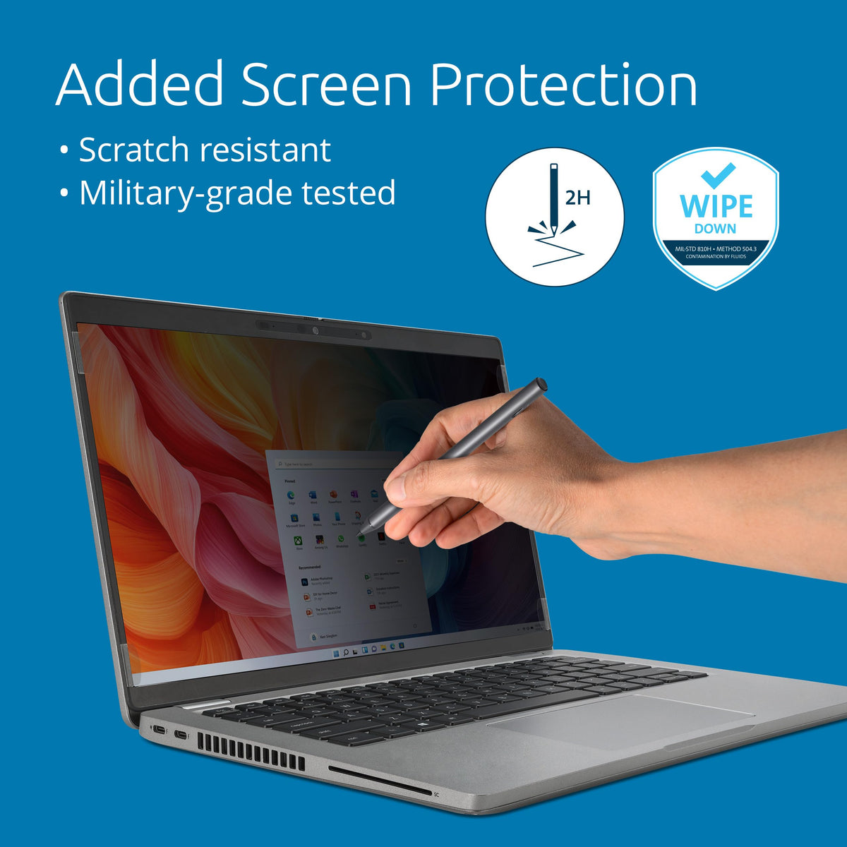 Kensington privacy screen in use on a commuter train protecting screen content