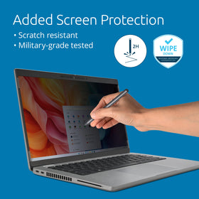 Kensington privacy screen in use on a commuter train protecting screen content