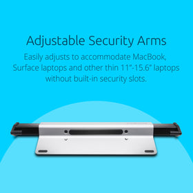 Kensington locking station adjustable arms fit MacBook and thin laptops.