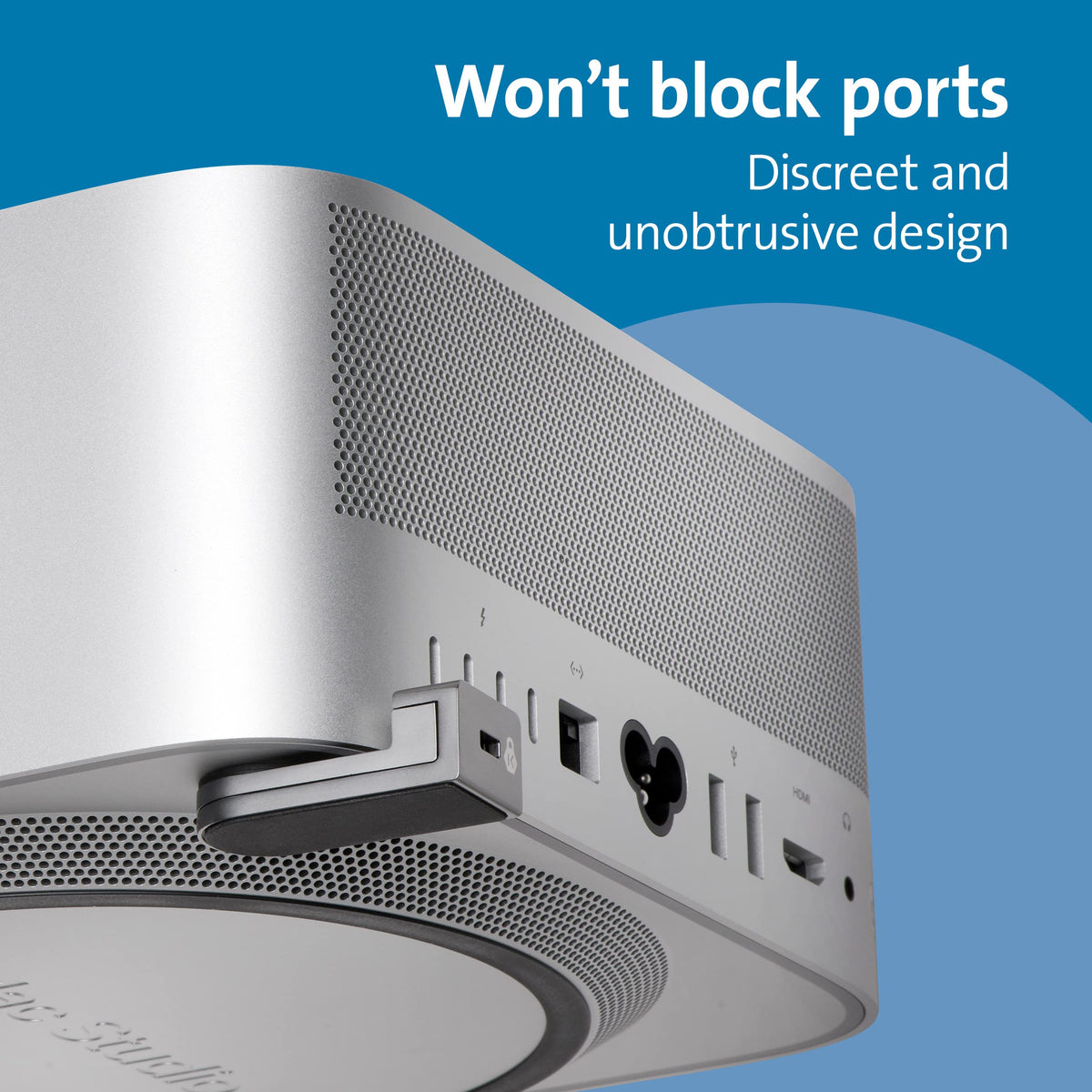 Kensington Mac Studio Locking Adapter shown with unobtrusive design in a workspace.