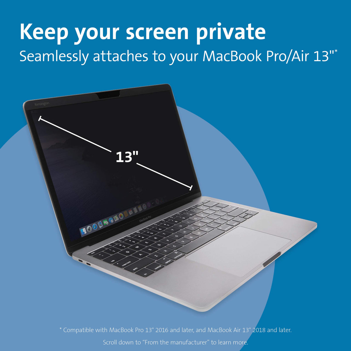 Kensington MagPro Elite privacy screen on MacBook Pro 13, enables sleep mode with lid closed.