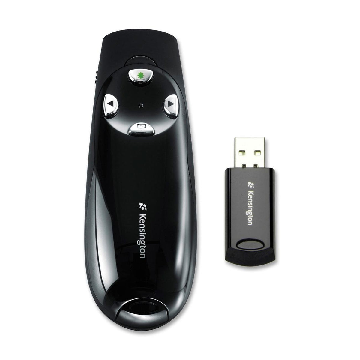 Kensington presenter pro front view showing buttons and ergonomic grip for confident control