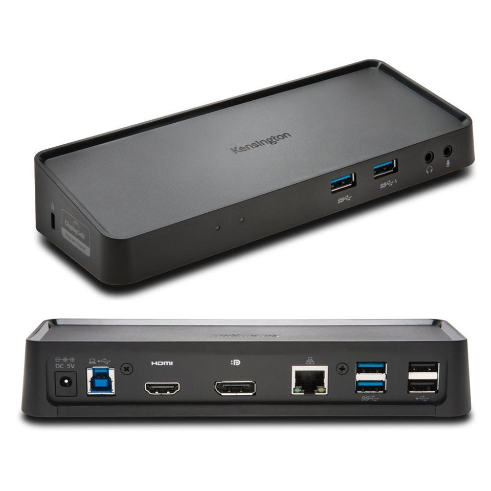 Kensington SD3650 docking station front view showing dual video ports for productive multitasking