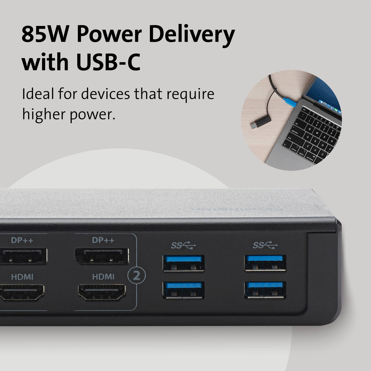 Kensington SD4750P demonstrates 85W PD charging to laptop and peripherals.