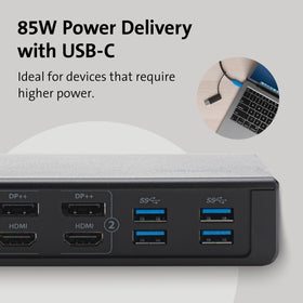 Kensington SD4750P demonstrates 85W PD charging to laptop and peripherals.