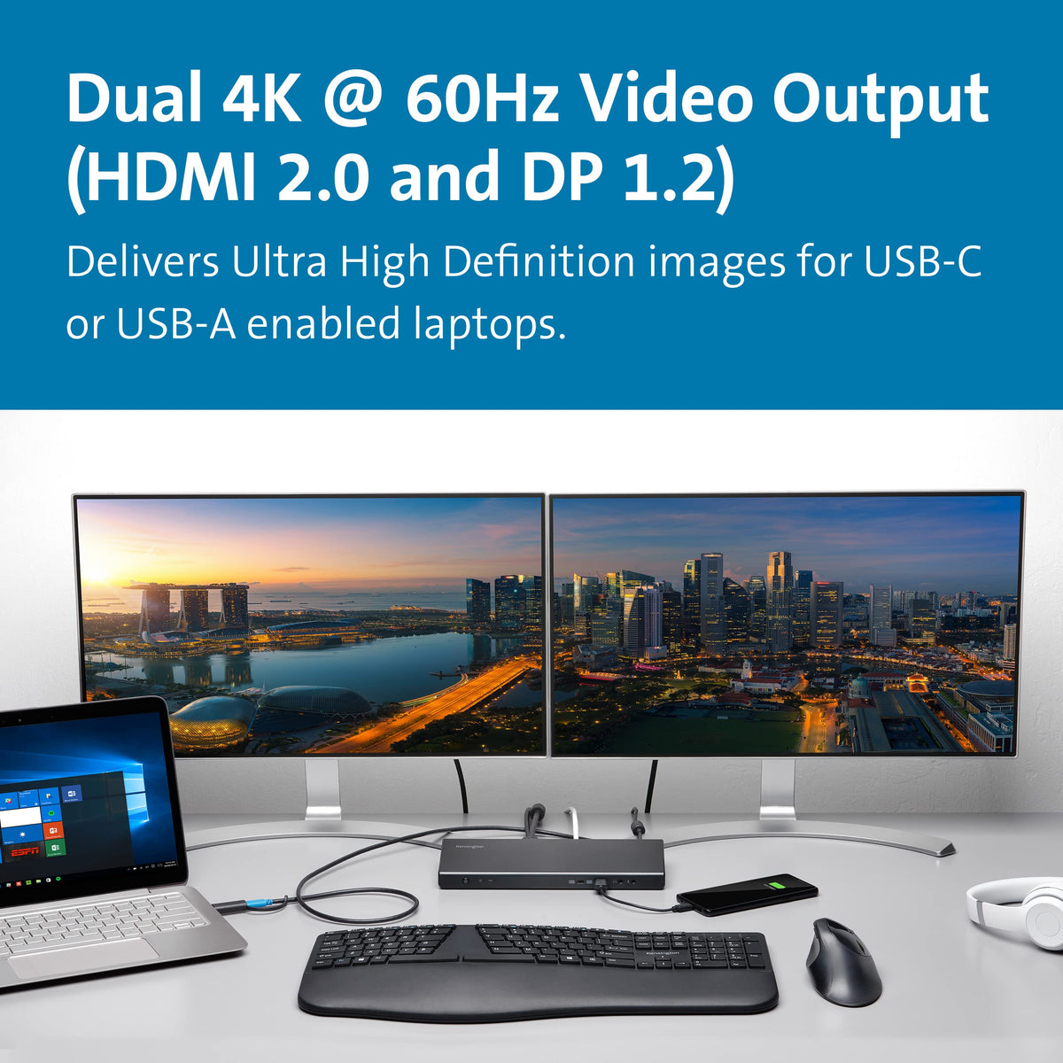 Kensington SD4750P back ports showing HDMI and DisplayPort flexibility for two monitors.