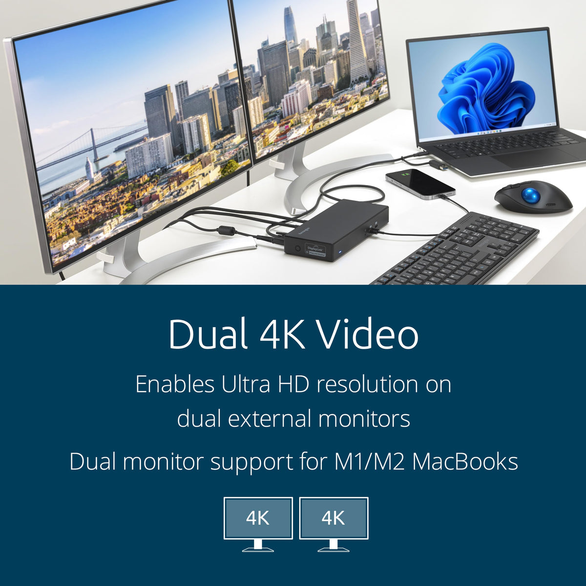 Kensington SD4781P dual 4K video ports support a vibrant multi-monitor setup.