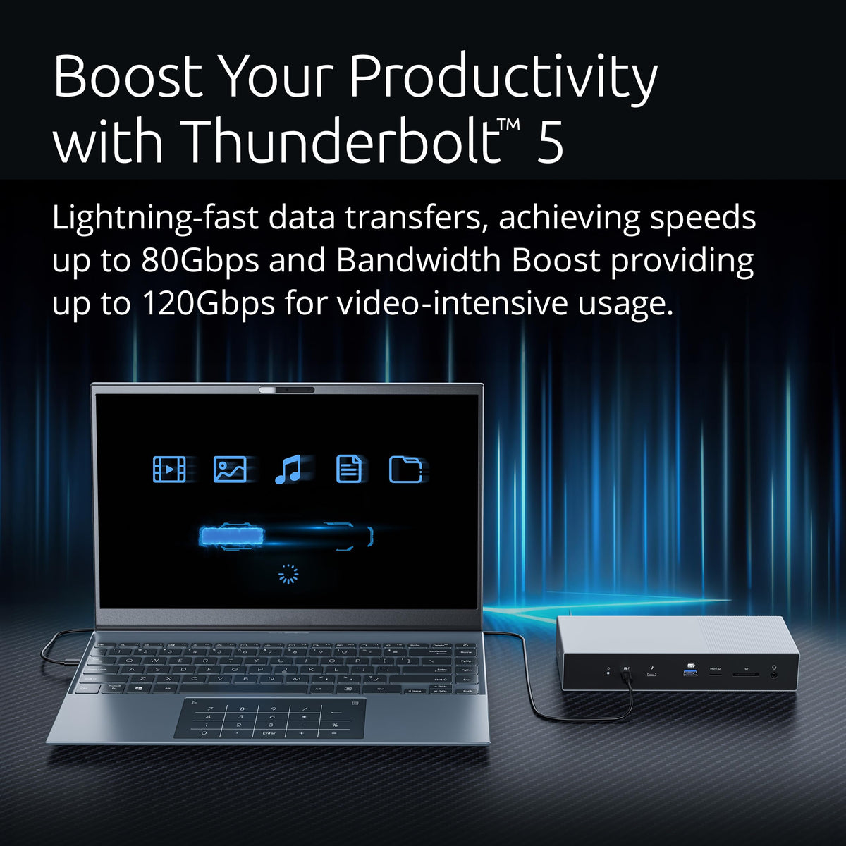 Kensington SD5000T5 dock back ports image shows Thunderbolt and USB connections for expandability
