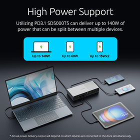 Kensington SD5000T5 dock with Windows setup illustrating compatibility and high-refresh display options