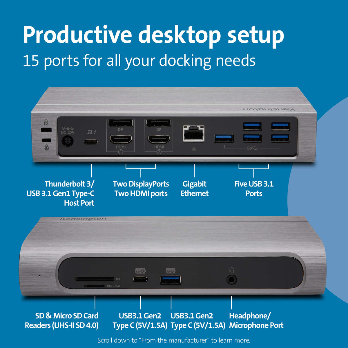 Kensington SD5600T port panel with USB, HDMI, and DP options