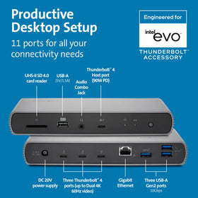 Kensington SD5700T rear ports showing USB-A, Ethernet, and SD reader for productivity.