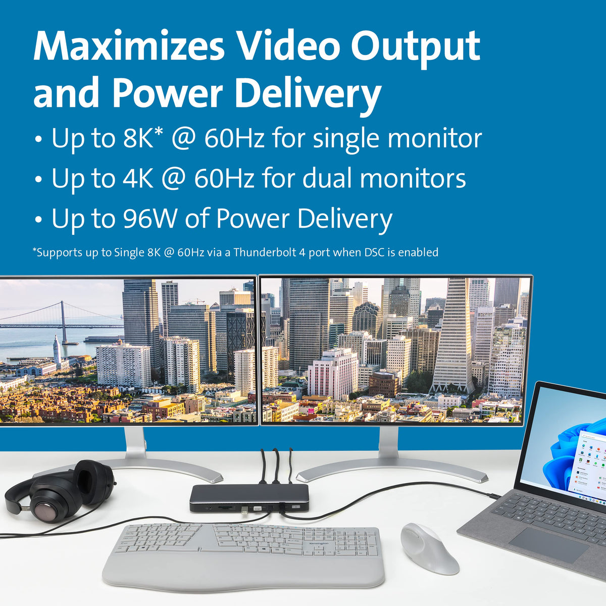Kensington SD5760T 100W PD supports charging laptops and powering connected devices.