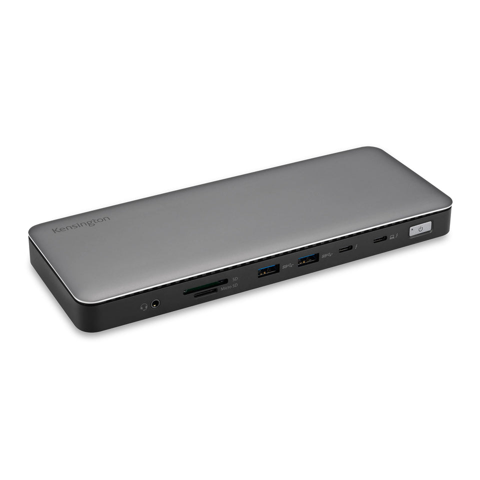 Kensington SD5760T dock front view highlights dual 4K HDMI outputs for multi-monitor setups.