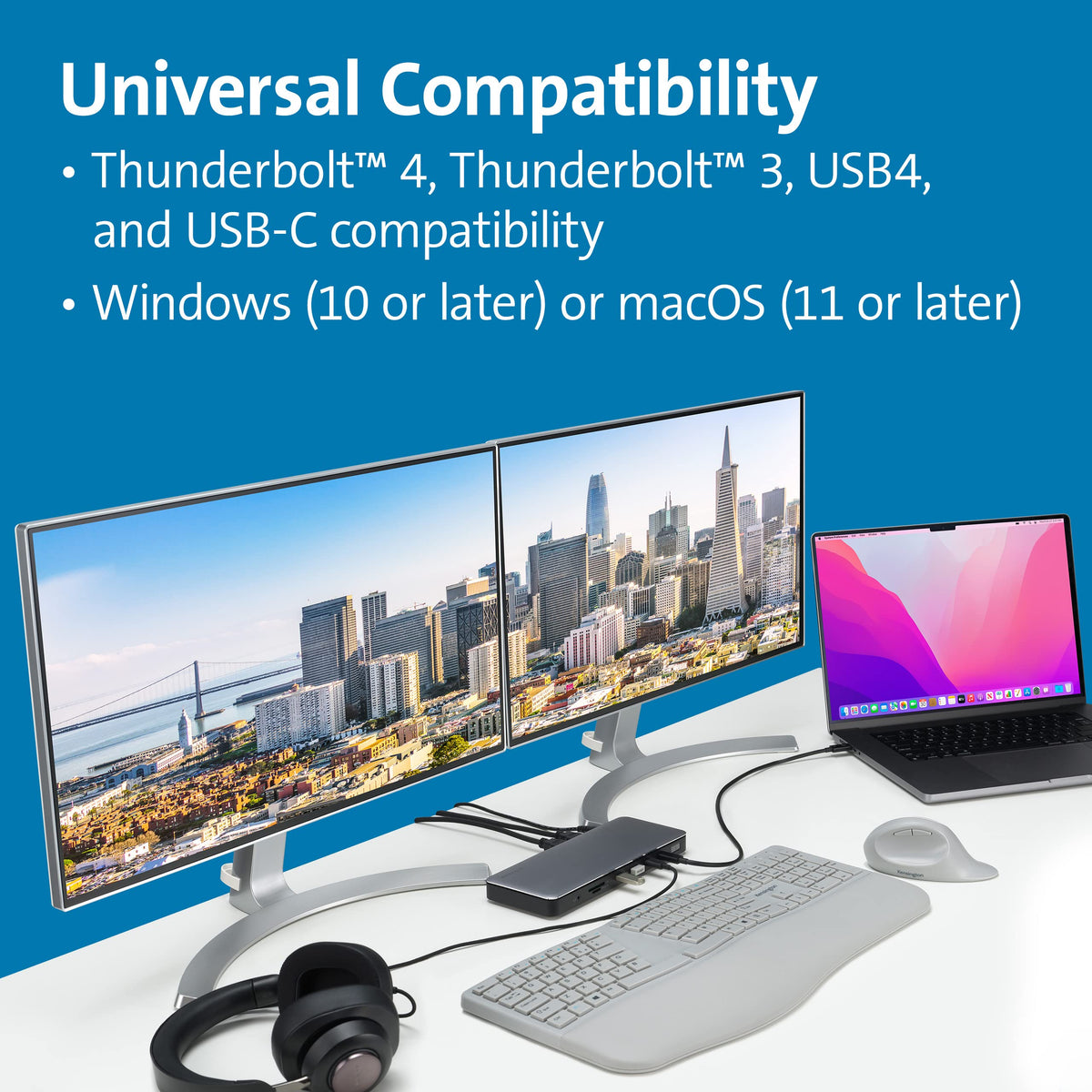 Kensington SD5760T side port panel shows two USB-C/USB-A ports for fast peripherals.