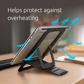 Kensington stand next to tablet showing size range and space-saving benefit