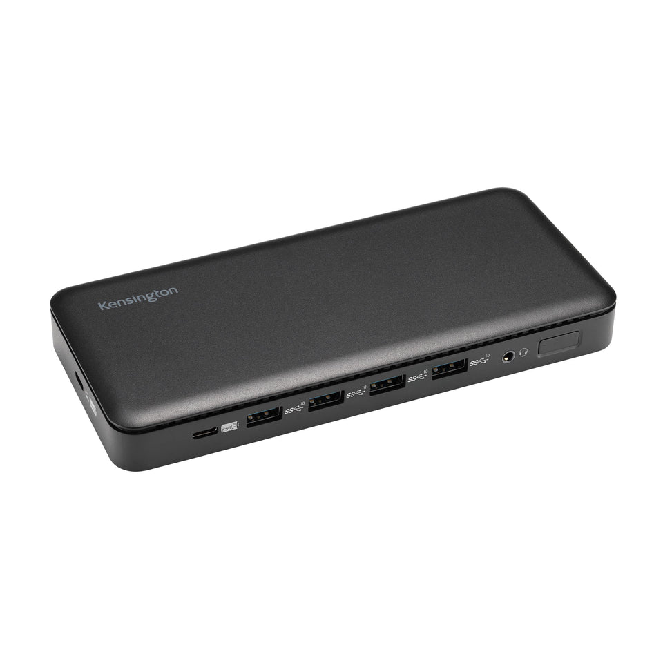 Kensington triple-display USB-C dock front view showing 3 video outputs and 100W charging.