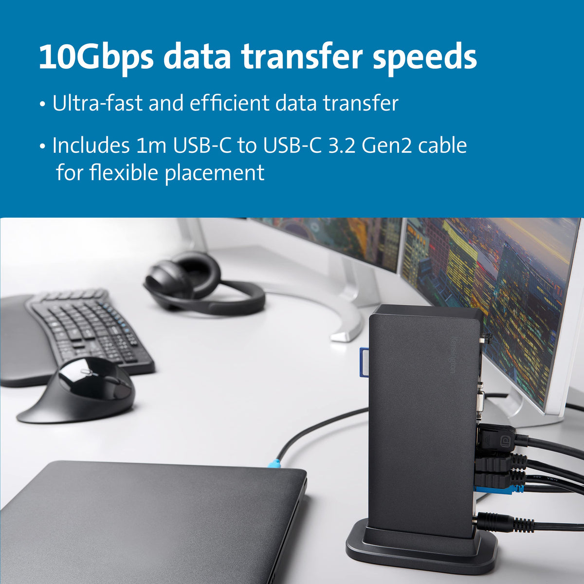 Kensington 100W PD power delivery keeps laptops charged while peripherals stay powered.