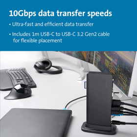 Kensington 100W PD power delivery keeps laptops charged while peripherals stay powered.