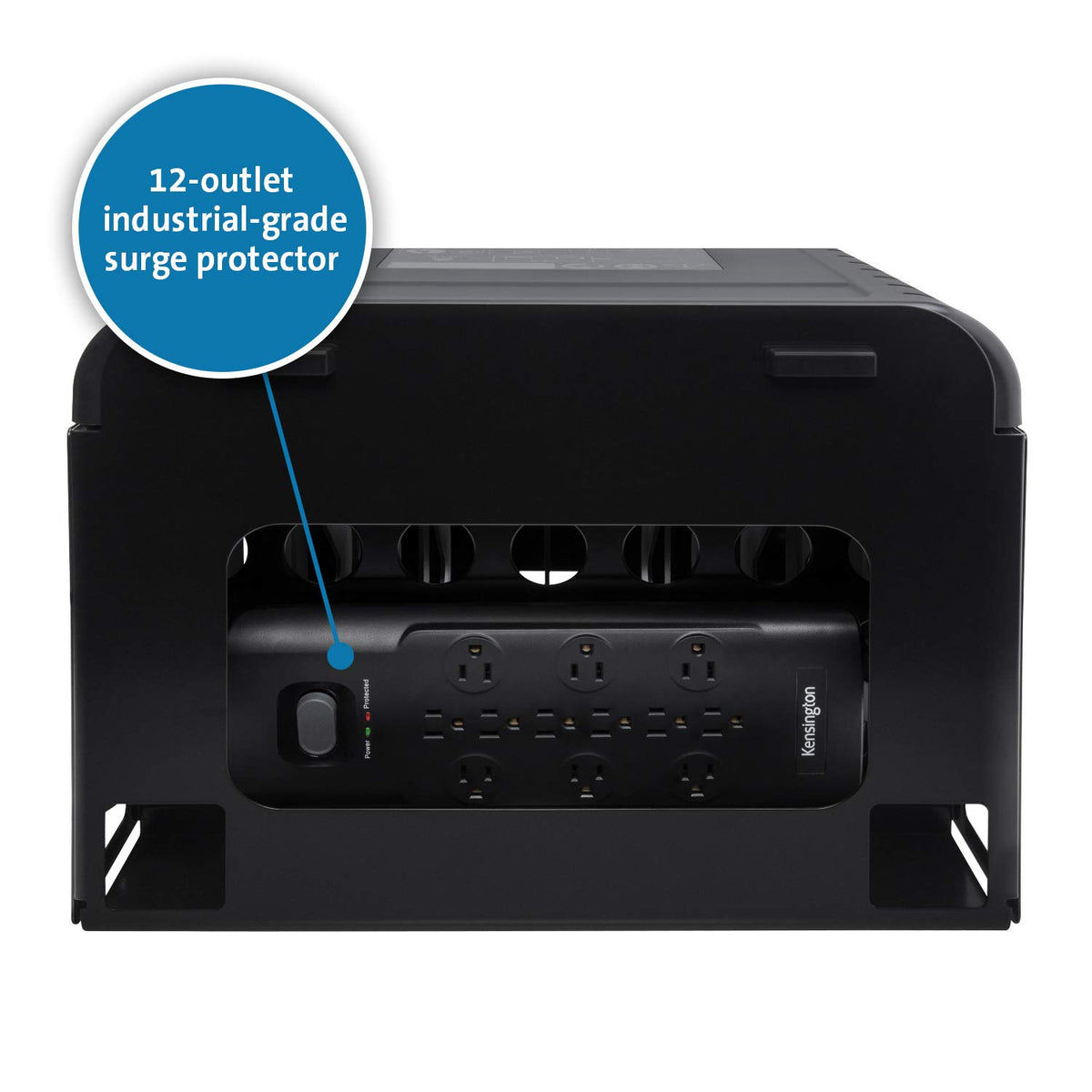 Kensington Universal AC Lock & Charge Station view of 12 outlets and surge protection