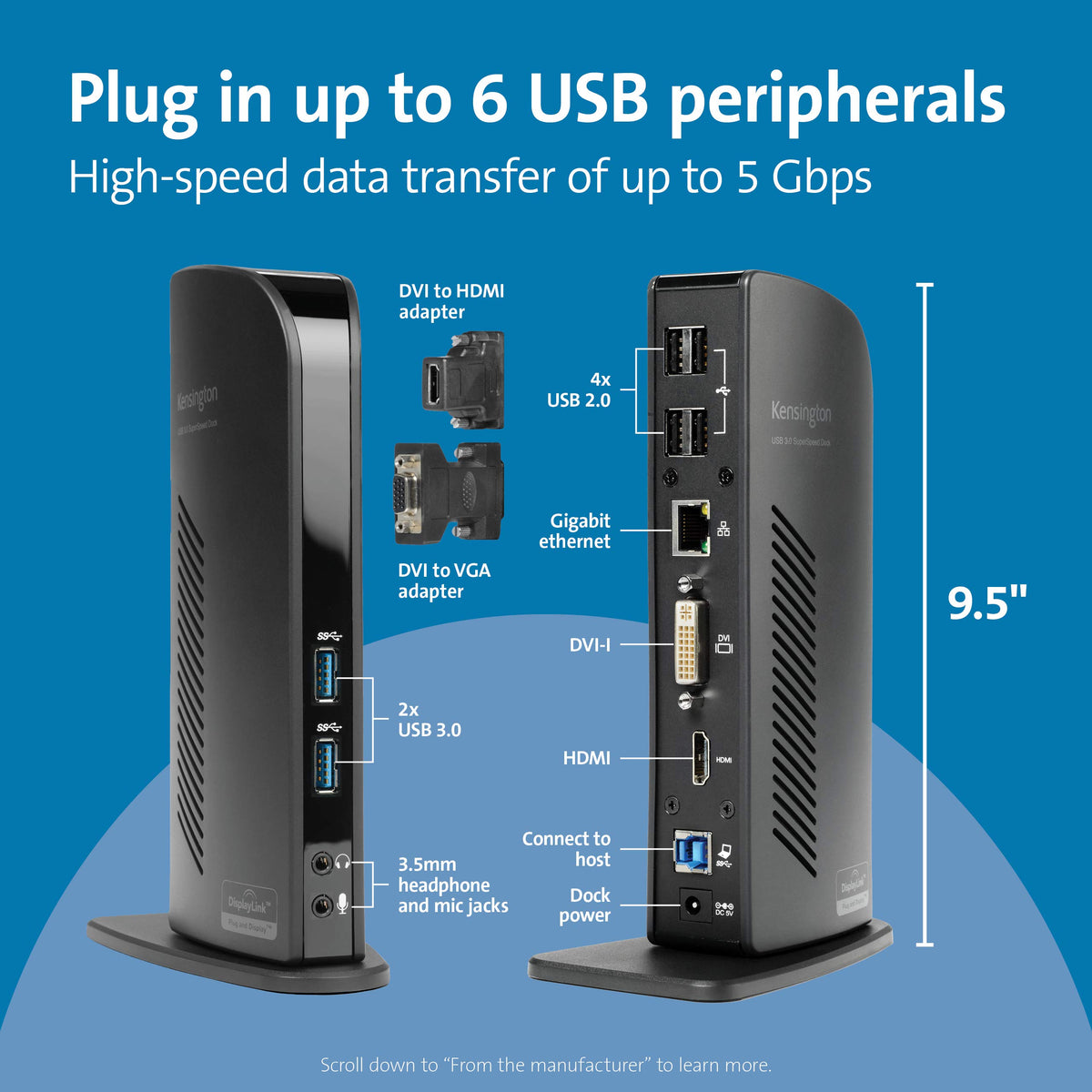 Kensington USB 3.0 dock ports overview enabling quick connection of peripherals.