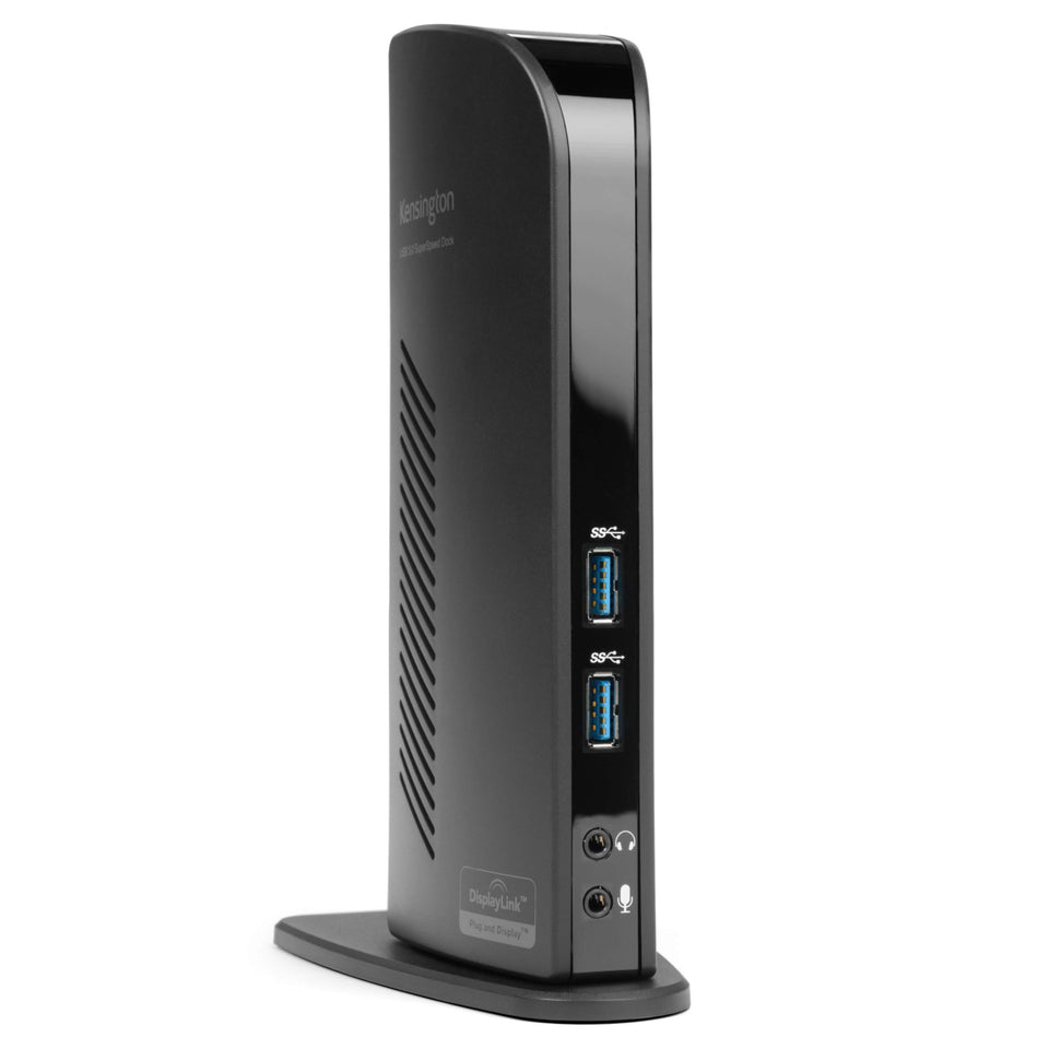 Kensington USB 3.0 dock setup with multiple ports for easier workstation expansion.