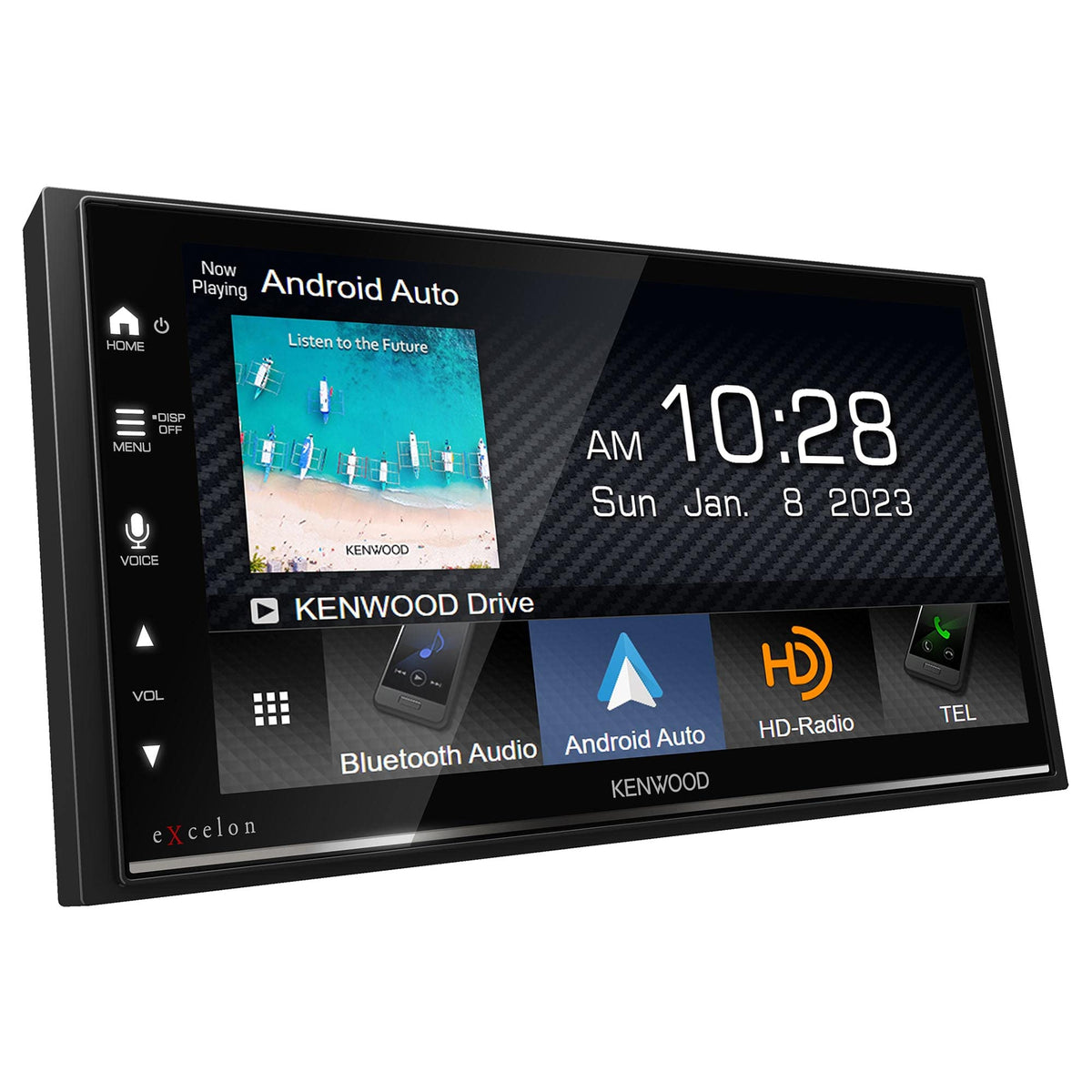 Kenwood DMX709S display highlights the 6.8-inch touch screen for easy navigation
