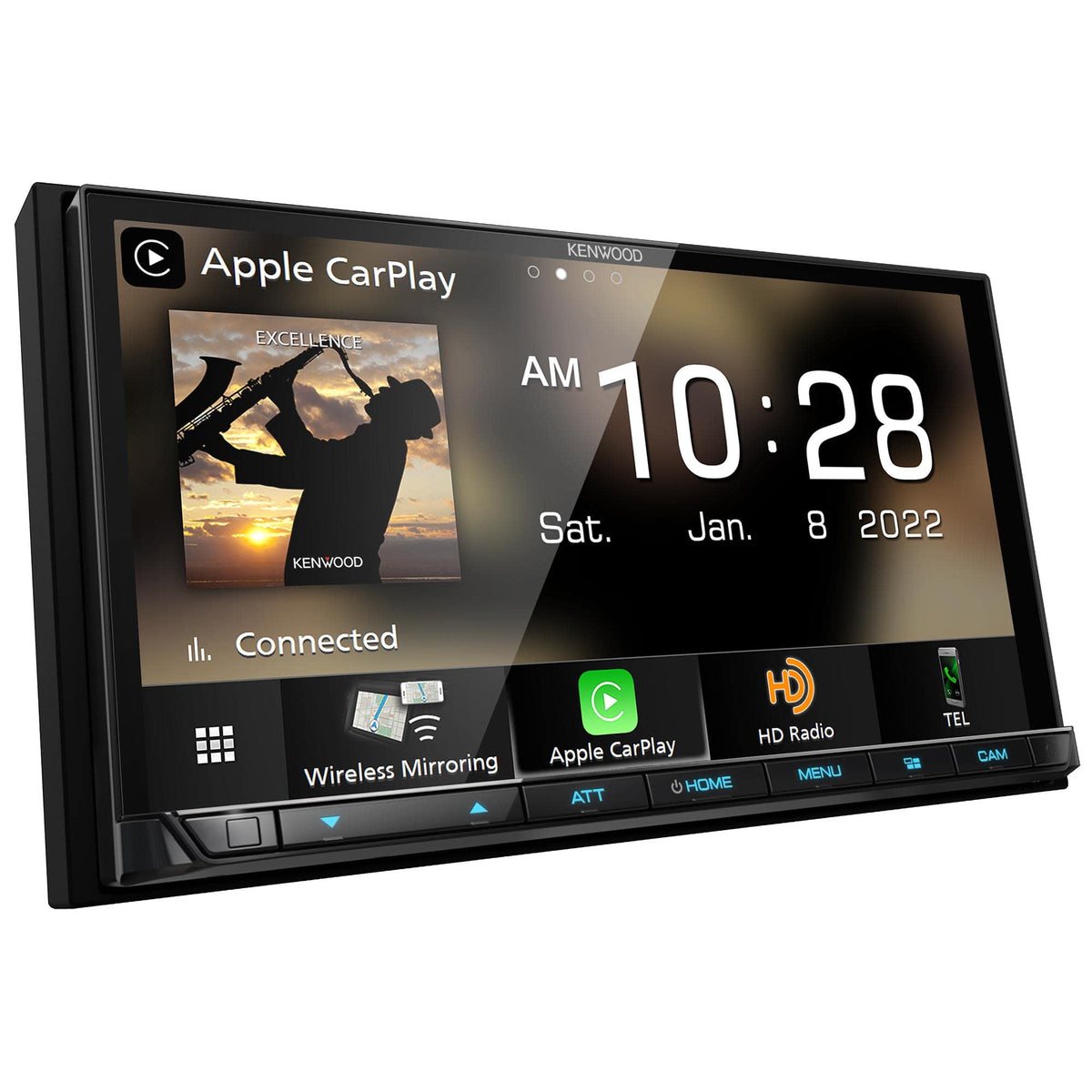 Kenwood eXcelon DMX908S front display shows a bright 6.95-inch touchscreen for easy control.