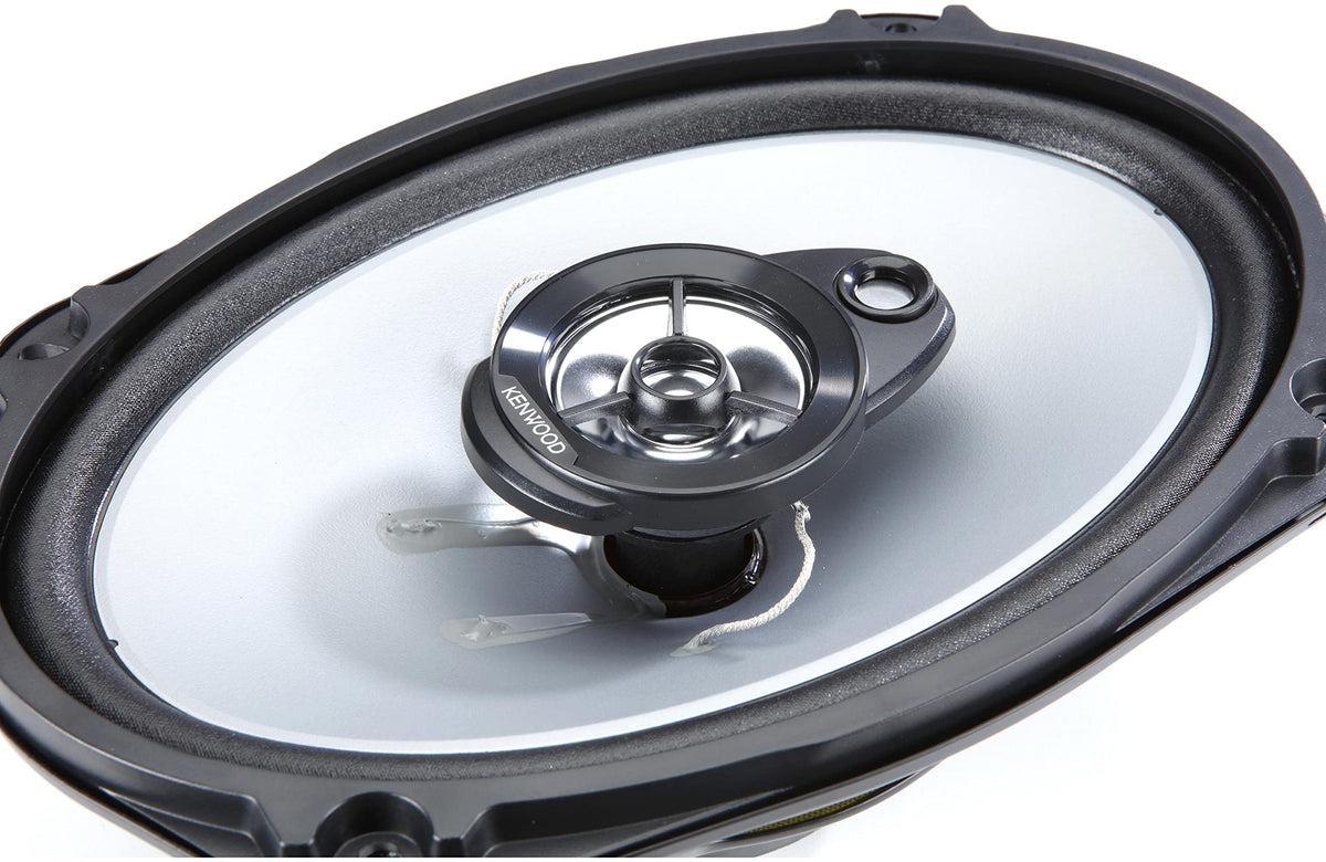 Kenwood KFC-6966S back panel with mounting depth and impedance.