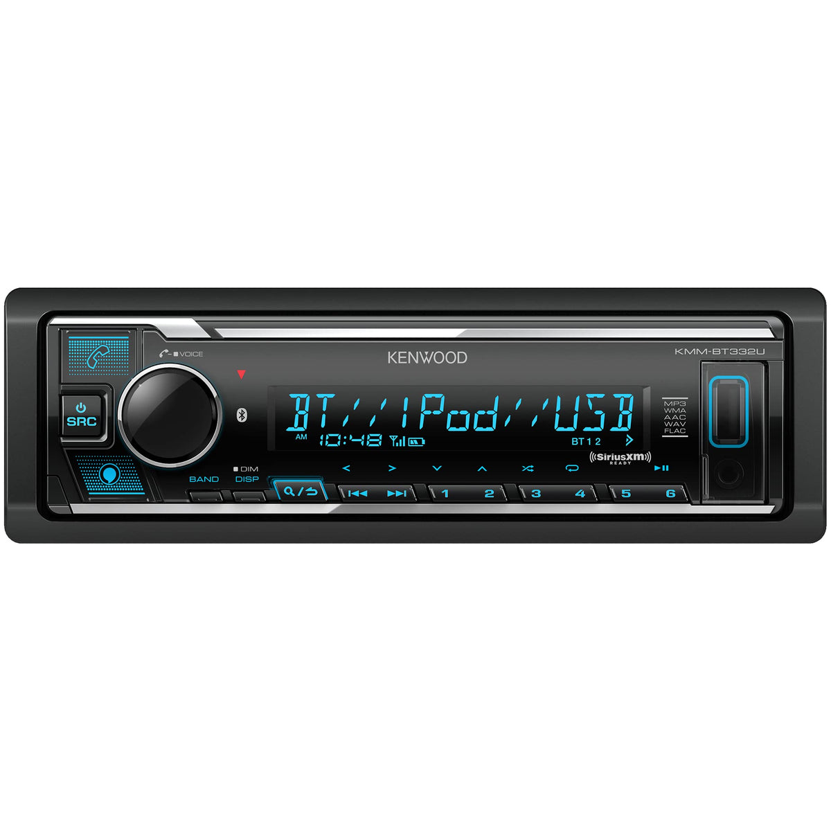 Kenwood KMM-BT332U display close-up showing tunable color LCD in use