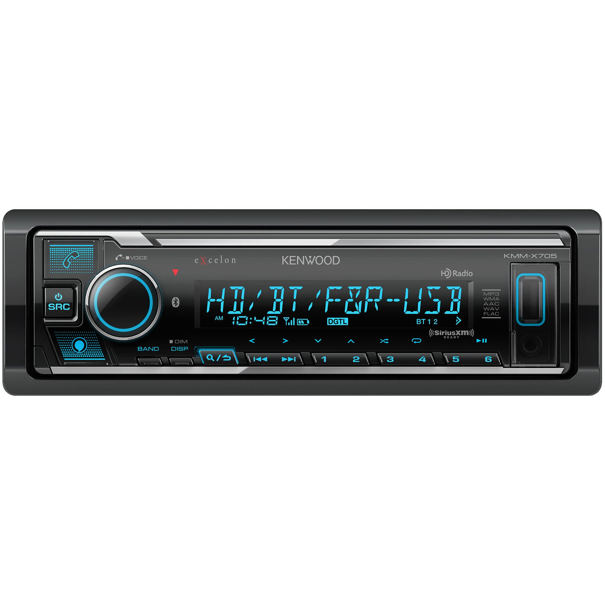 Kenwood KMM-X705 Excelon front display with variable color lighting for easy, stylish control.