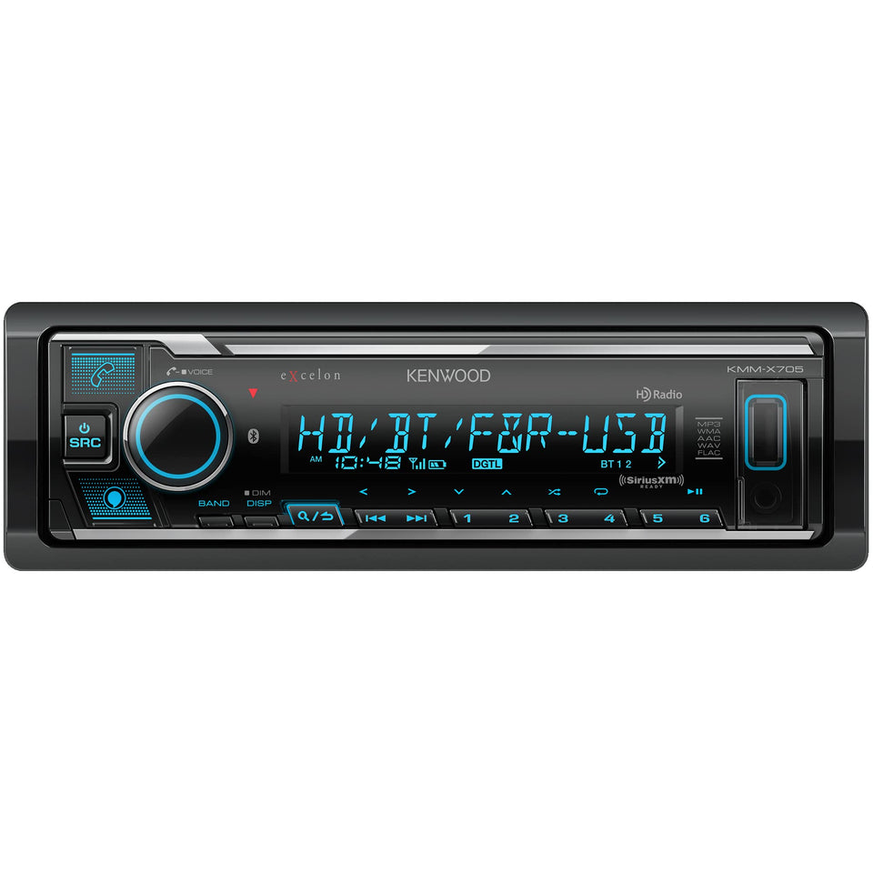 Kenwood KMM-X705 Excelon front display with variable color lighting for easy, stylish control.