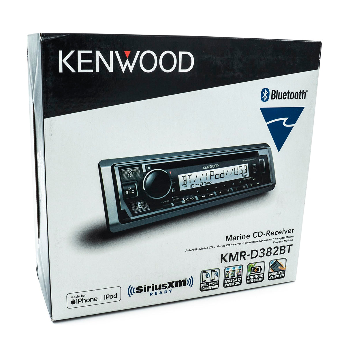 Kenwood KMR-D382BT front USB port for charging and playback.