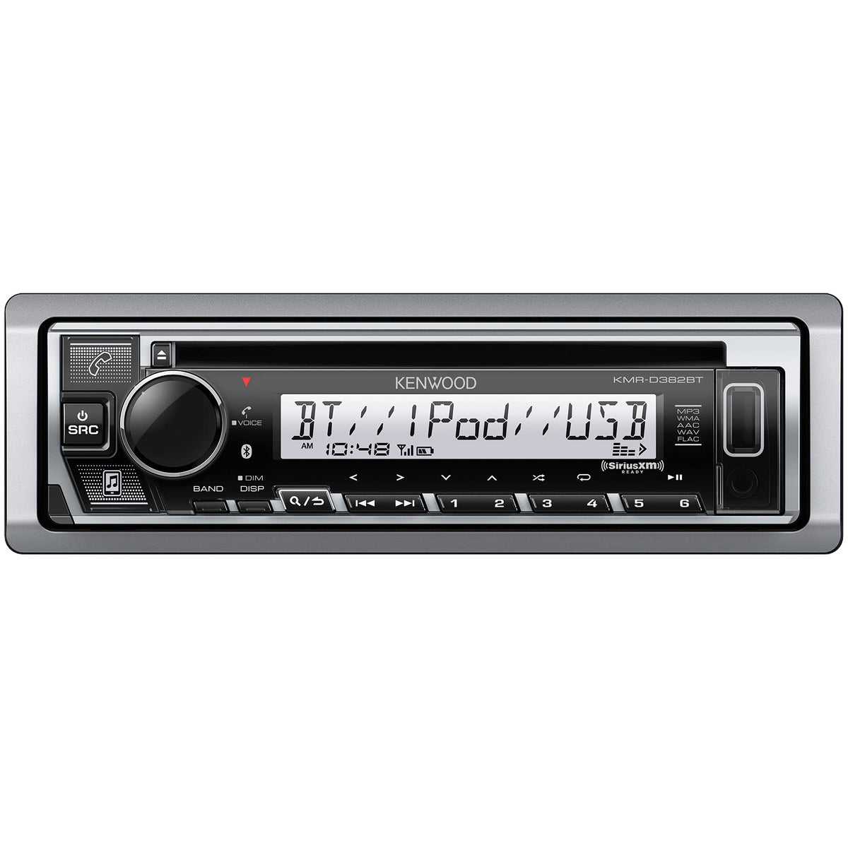 Kenwood KMR-D382BT marine dash face demonstrates rugged waterproof design for harsh environments.