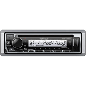 Kenwood KMR-D382BT marine dash face demonstrates rugged waterproof design for harsh environments.