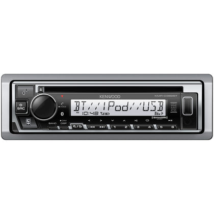 Kenwood KMR-D382BT marine dash face demonstrates rugged waterproof design for harsh environments.