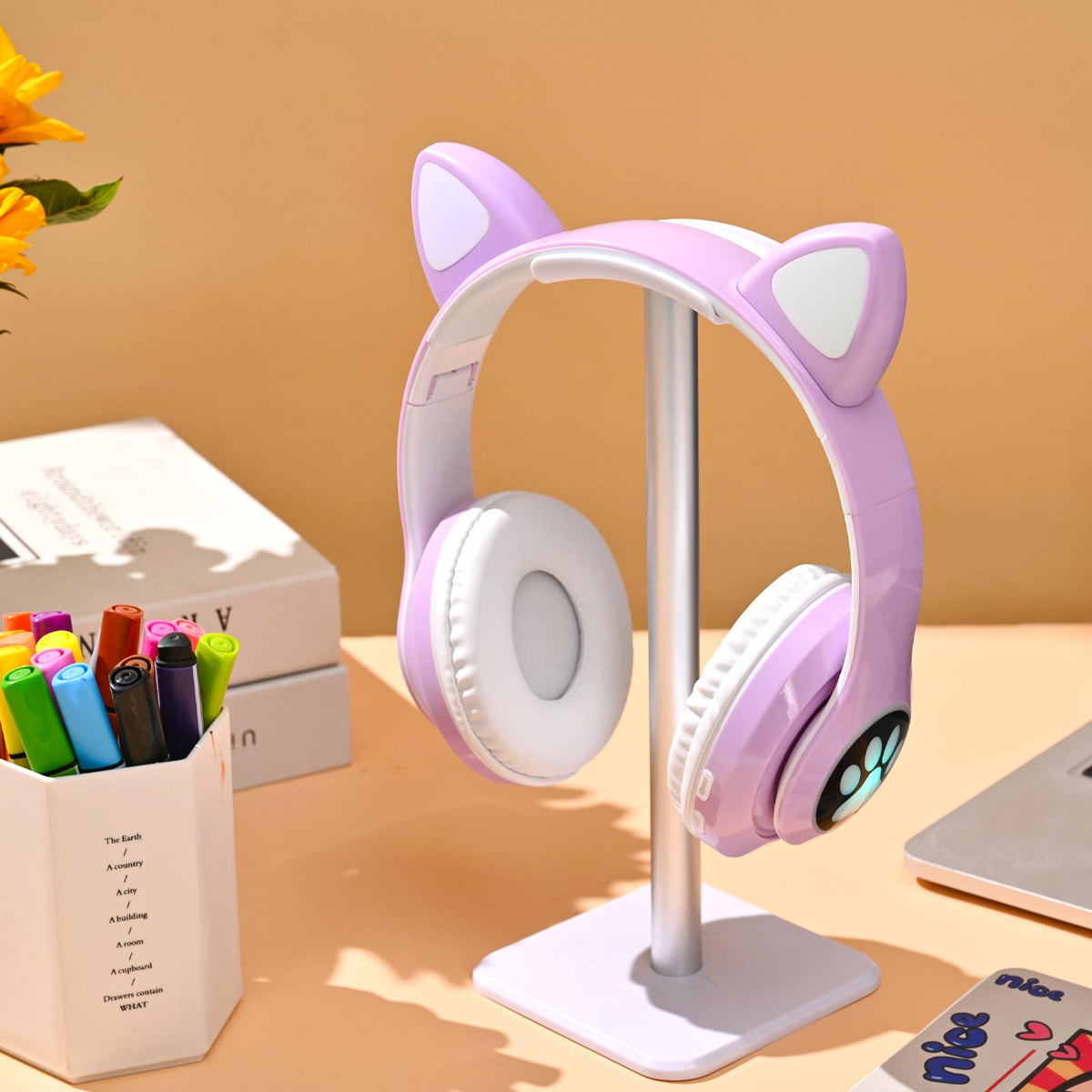 KERHAND cat ears with LED lights add fun for kids during listening