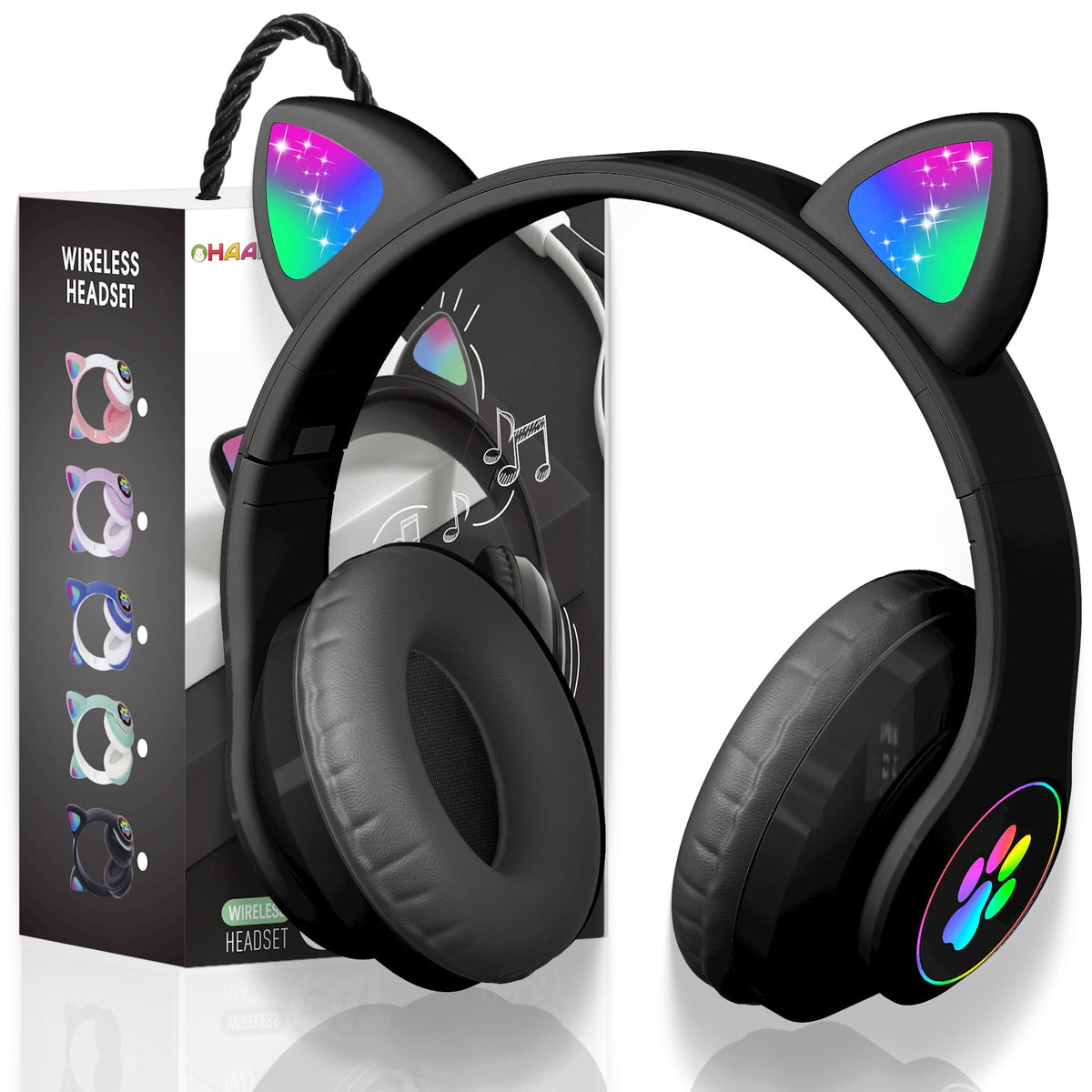 KERHAND cat-ear headphones with LED front view, safe listening and playful style.