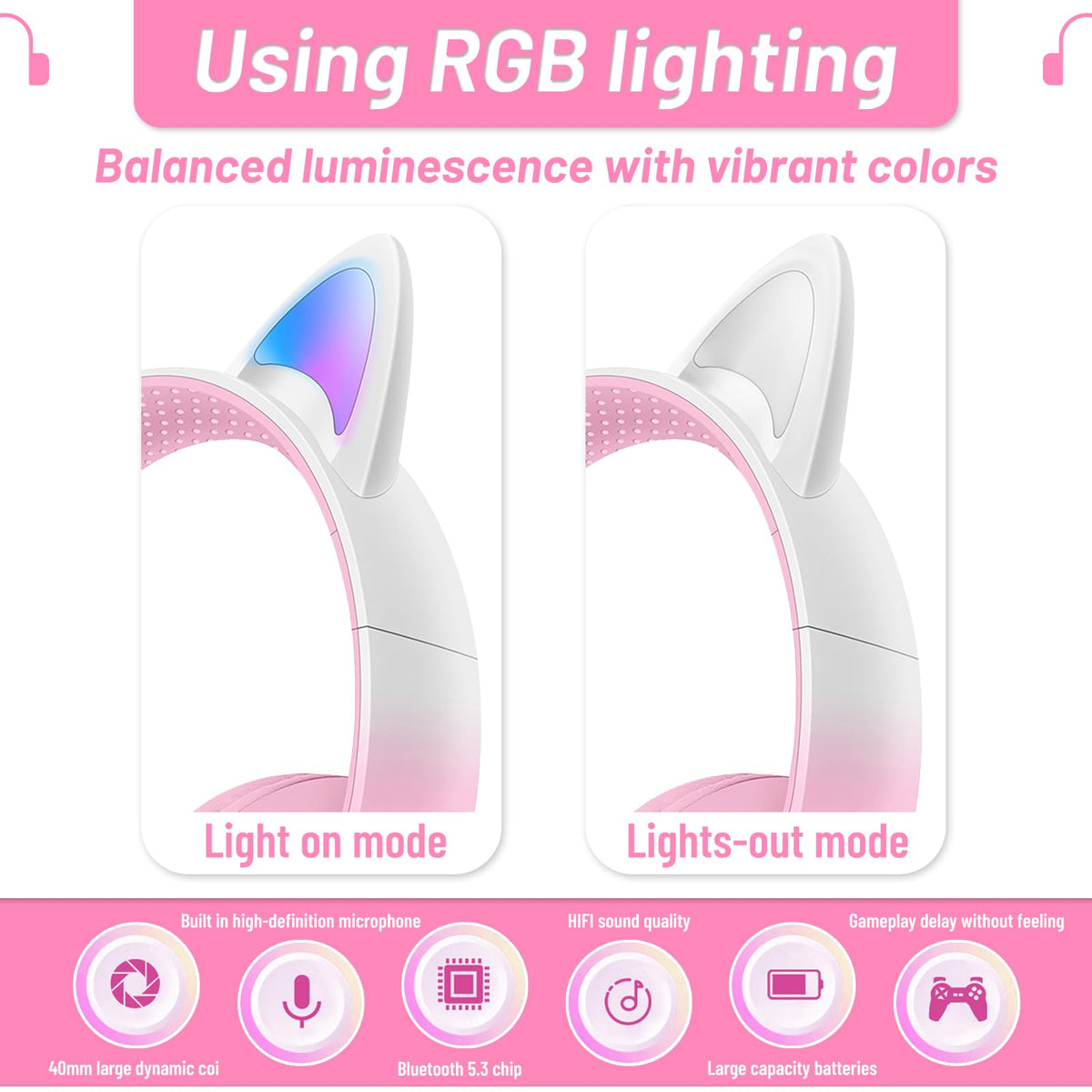KERHAND close-up LED cat ears lit for visual fun during playtime