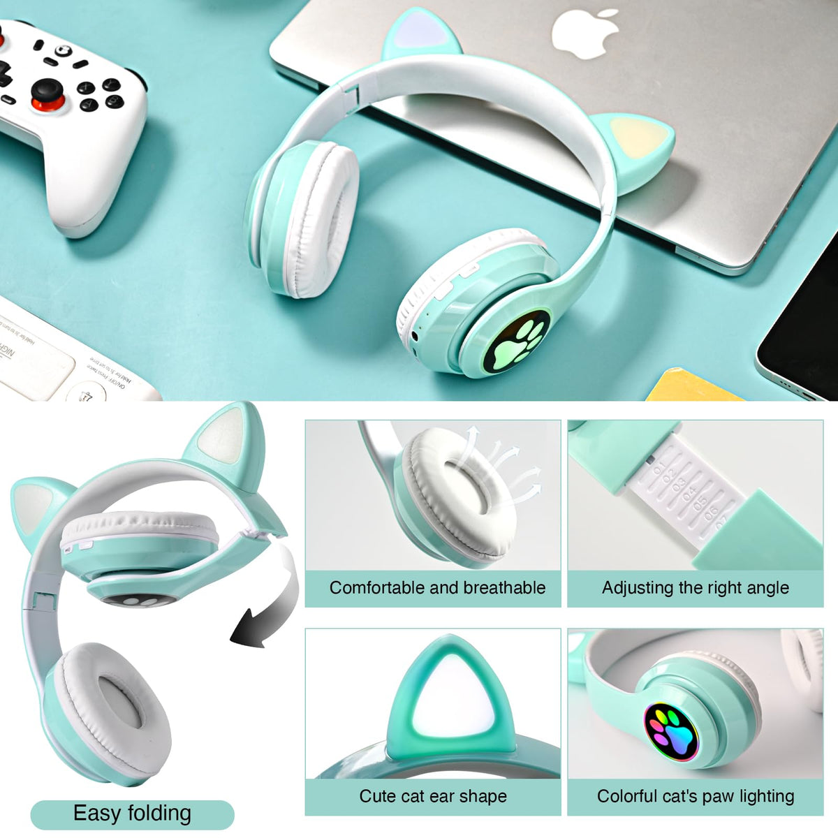 KERHAND safe listening with volume limiter on green kids' headphones.