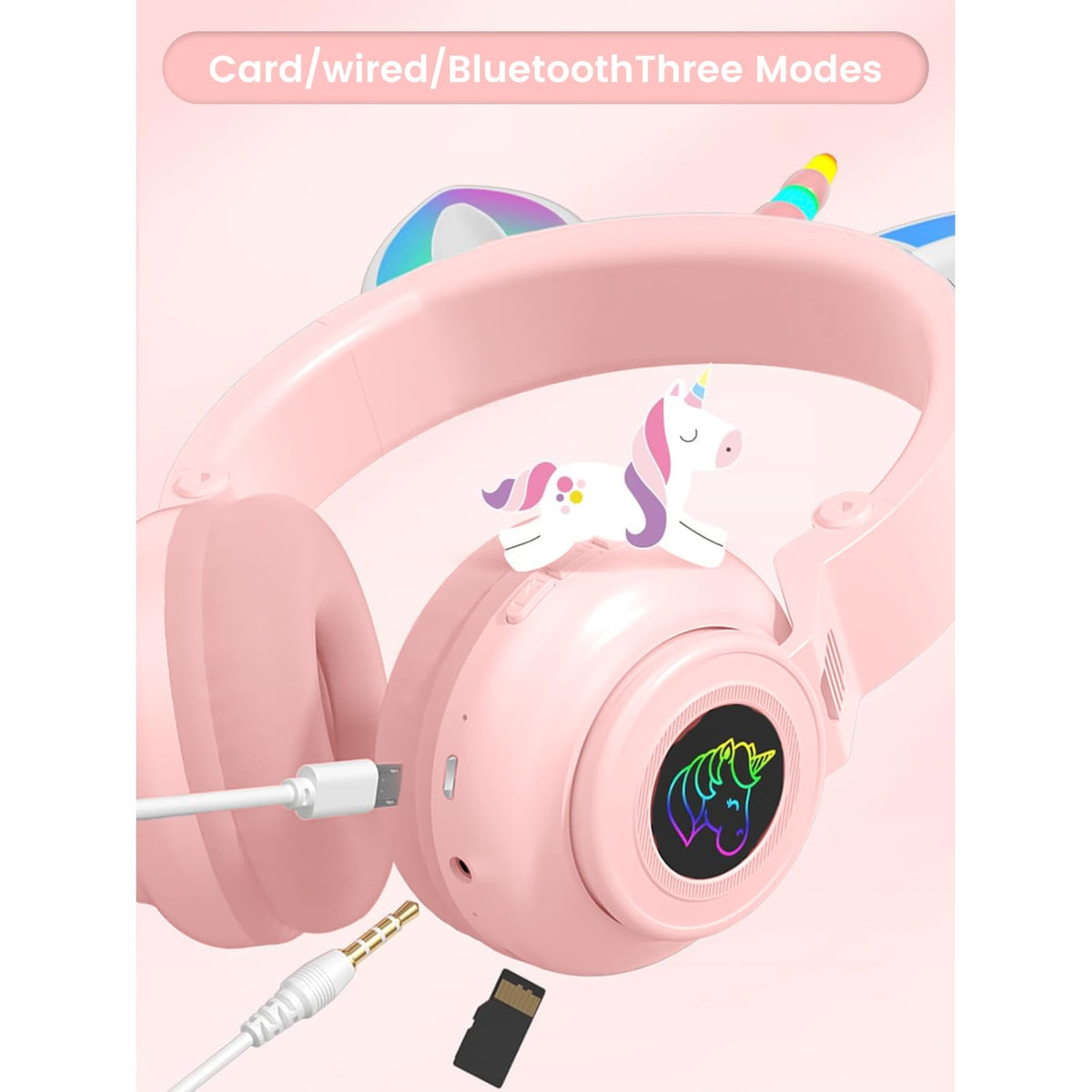 KERHAND Unicorn kids headphones pink foldable design for easy travel