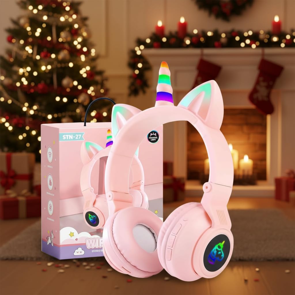 KERHAND Unicorn kids headphones with pink LED cat ears illuminate playtime