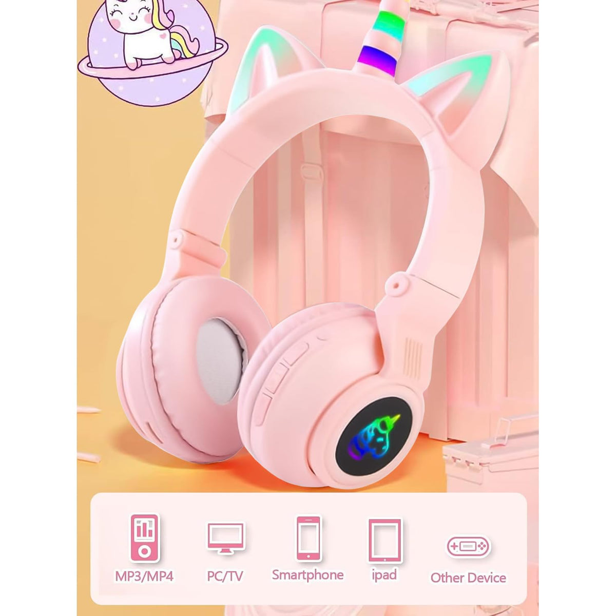 KERHAND Unicorn kids headphones pink TF card slot for offline music
