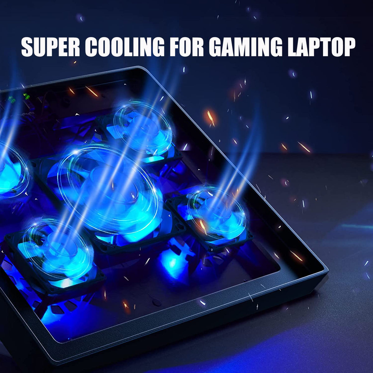 KEROLFFU gaming cooler pad shows five fans for strong airflow and LEDs